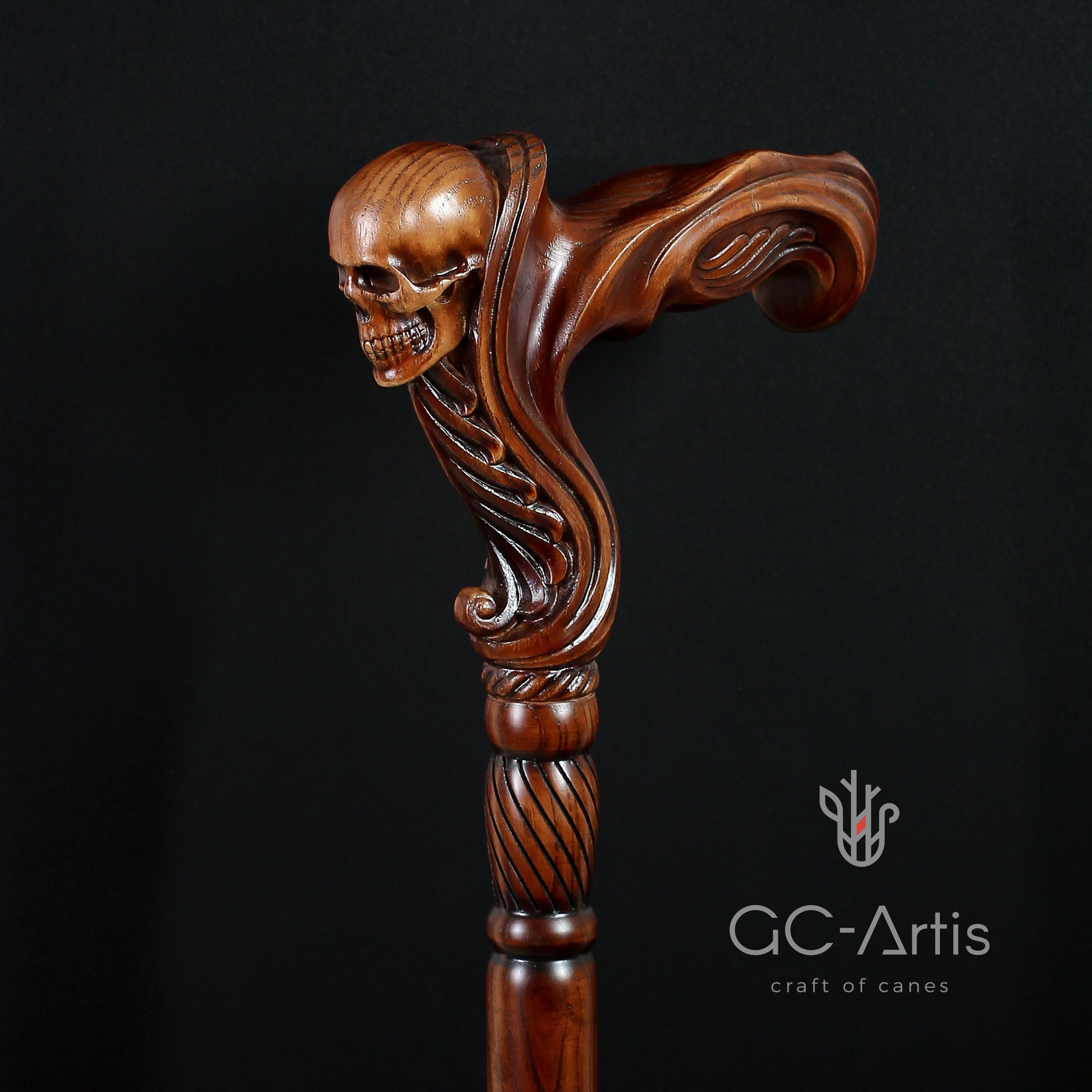 Skull Cane Wooden Walking Stick Ergonomic Palm Grip Handle Etsy