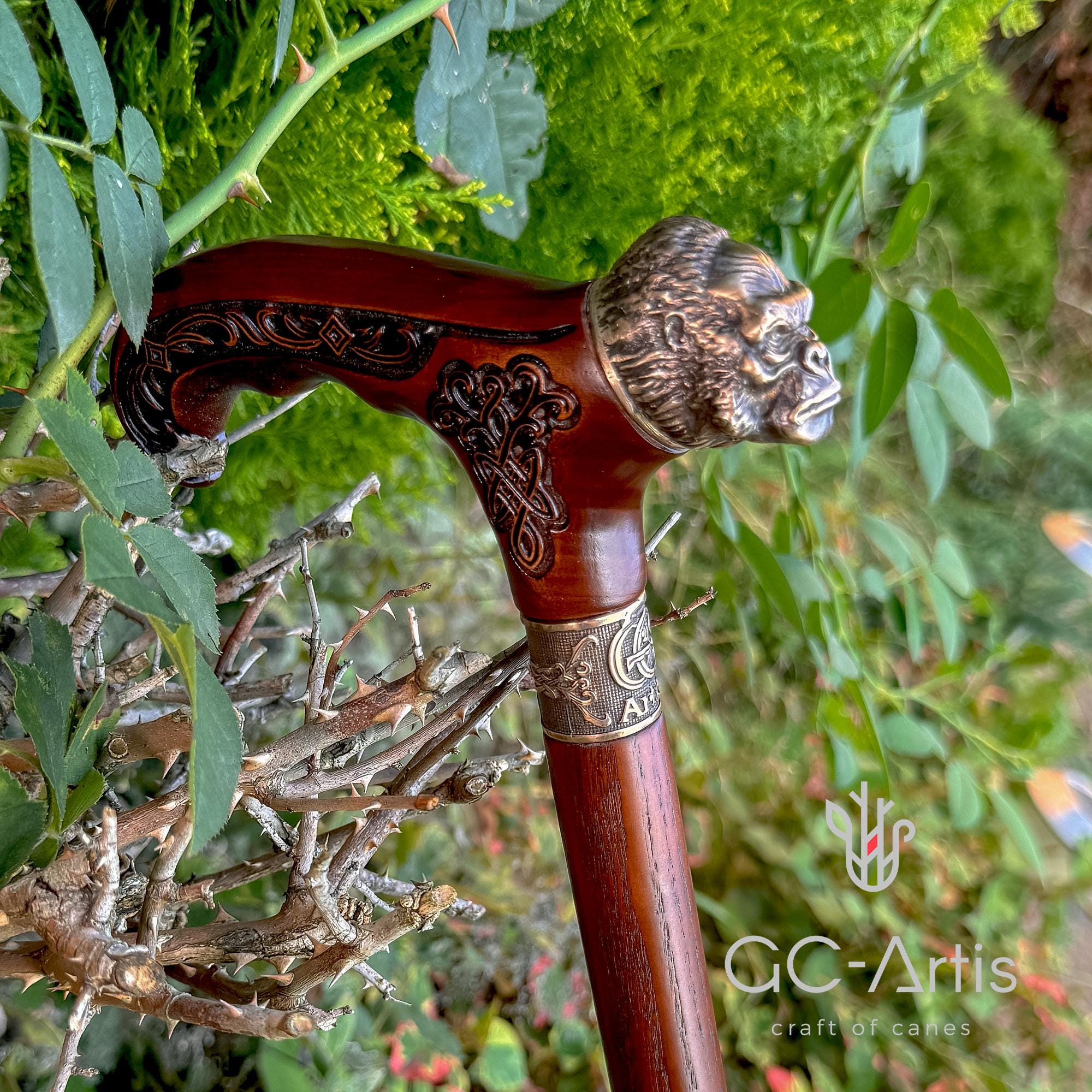 Gorilla Monkey Handle Walking Cane, Solid Bronze Wood Shaft, Gc
