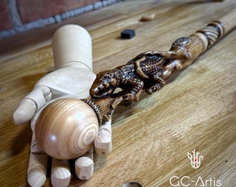 Hand Carved Crocodile Walking Cane: Oak Wood Hiking Stick