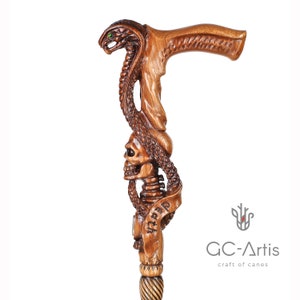 May include: A wooden walking stick with a carved skull and snake design. The snake is wrapped around the skull and has a green eye. The handle is shaped like a snake's head and has a carved detail. The stick is made of dark wood and has a twisted design.