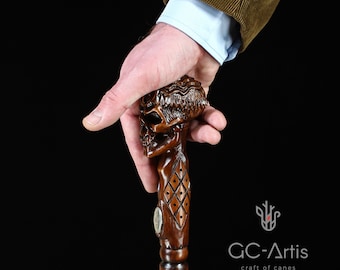 EGYPTIAN SKULL Wooden Walking Stick Cane with Ankh Cross - Walking Hiking Stick Knob handle hand wood carved crafted for man woman