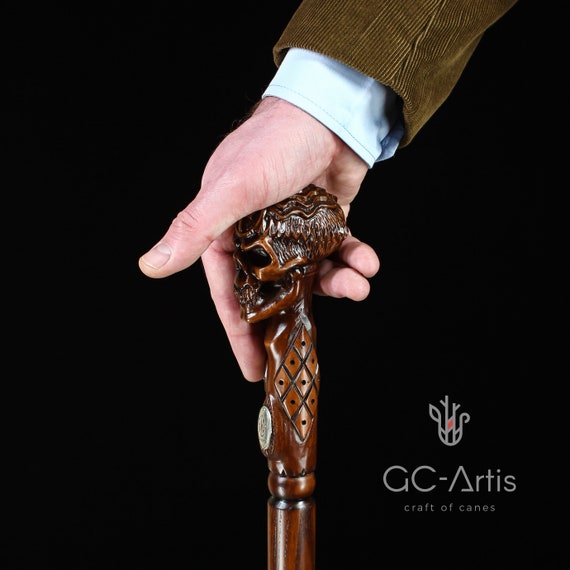 Hand Carved Oak Skull Walking Cane With Ankh Cross – GC-ARTIS