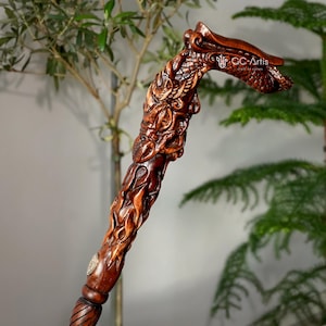 Fantasy Dragon CANE Dark Wooden Walking Stick - Hand Carved Wood Crafted Walking cane stick Handle Unique Designer Art for men woman