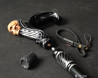 Skull Walking Cane - Ergonomic Wood Carved Gothic Cane - Black edition