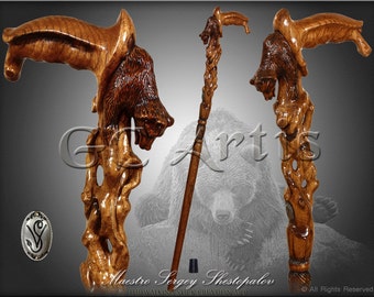 Awakening Bear Cane wood crafted hand carved Walking Stick Hiking Staff designer wooden handle walking cane stick for men women old elderly