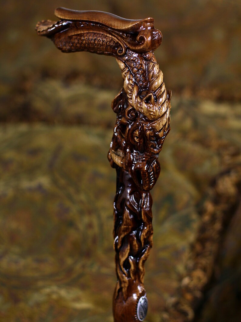 Fantasy Daragon CANE Dark Wooden Walking Stick Hand Carved Etsy