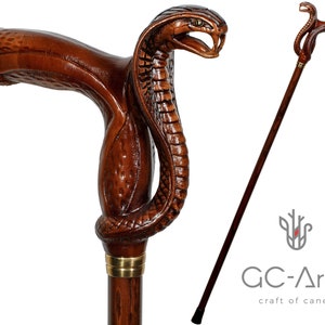 Vintage Cobra Snake Brass Handle Designer Canes Antique Wooden Walking Stick 