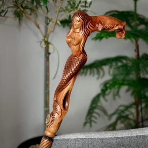 Siren Mermaid - Wooden Walking Cane, Fantasy style handmade walking stick, light hand carved cane for men fonderful lady art hiking Staff