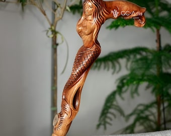 Siren Mermaid - Wooden Walking Cane, Fantasy style handmade walking stick, light hand carved cane for men fonderful lady art hiking Staff
