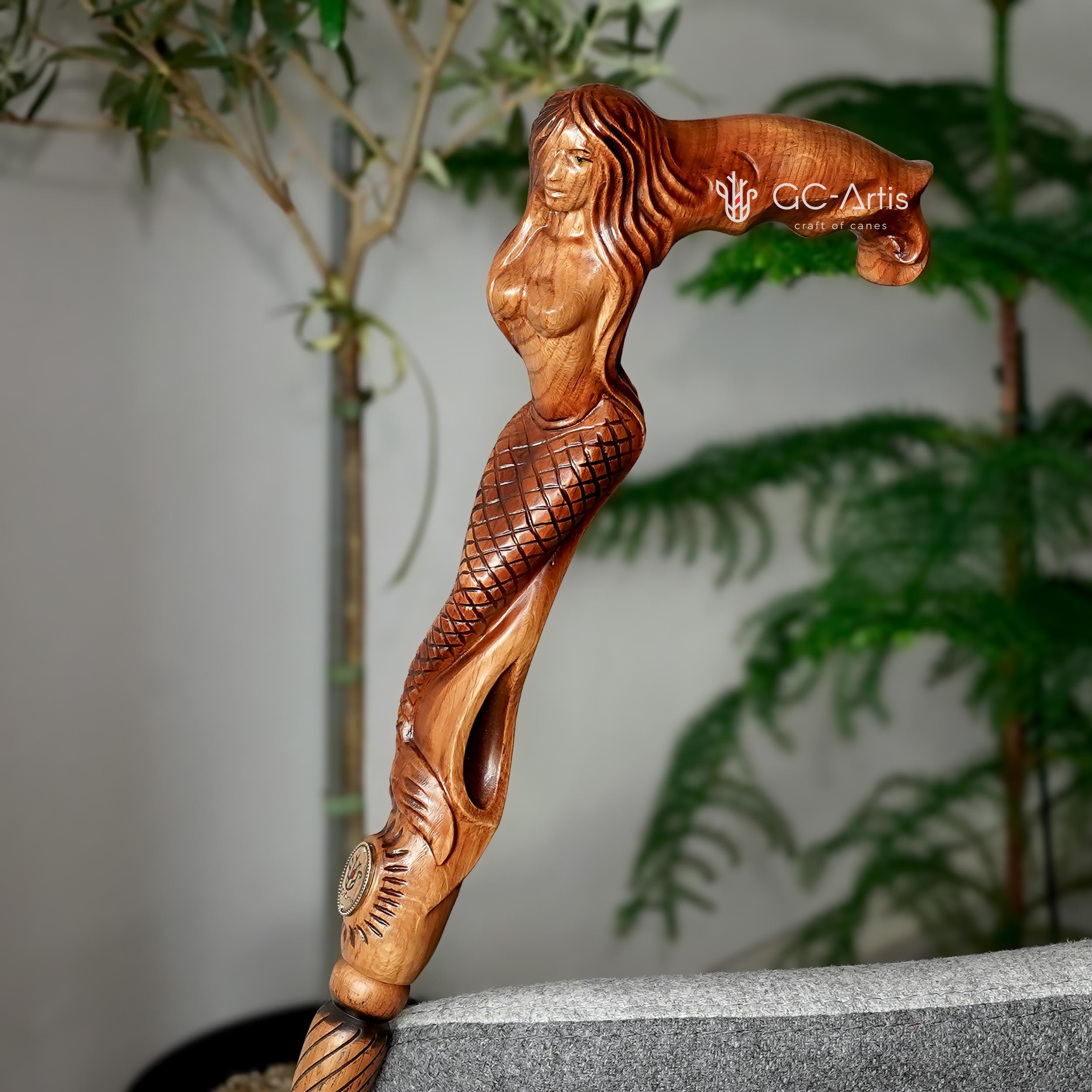 Siren Mermaid - Wooden Walking Cane, Fantasy style handmade walking stick, light hand carved cane for men fonderful lady art hiking Staff