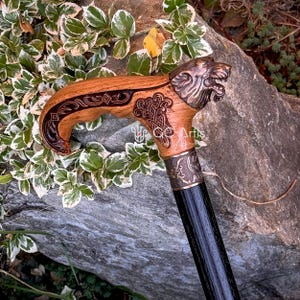 Wolf Bronze & Wood Walking Cane Stick - wooden hand carved handle animal head with Celtic ornament - black wooden shaft - for men women