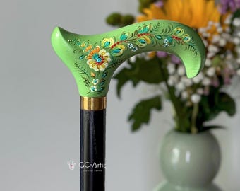 Hand-Painted ladies walking Stick: Green Serenade Floral Derby Cane