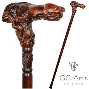 Fashion Art Wooden Cane Walking Stick Bison - Buffalo Bull Animal Wood Carved Walking Cane handle best gift for man woman all ages people
