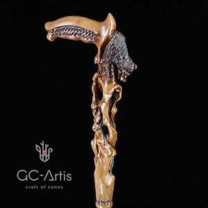 Awakening bear hand carved walking stick cane - light wooden walking cane with comfortable handle, gift for men women, all age people