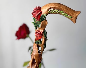 Hand Carved Red Rose Walking Cane – Wooden Walking Stick, Gift for Women