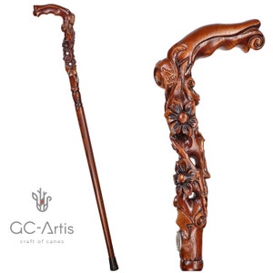 Pretty Flowers wooden walking stick cane -  hand carved Cane Stylish Walking Stick, crafted Ladies cane for women gift fashion accessory