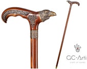 Raven Walking Cane wood bronze - Goth Style Walking Stick with metal brass inlay on wooden handle and shaft - Cane for man woman gentleman