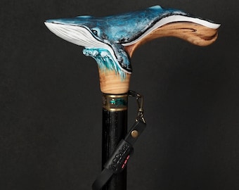Hand-painted Walking Stick, Wooden Cane: Blue Whale Handle, Sea Wave Style