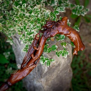 Wooden Walking Stick Cane - Lizard & Flower Ladies Hand Carved Cane wood crafted handle elegant walking accessory for woman, gift for her