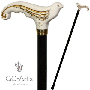 White Swallow Bird Walking stick cane - Elegant Wooden cane for women, lady hand carved wood crafted handle & black shaft pretty ladies
