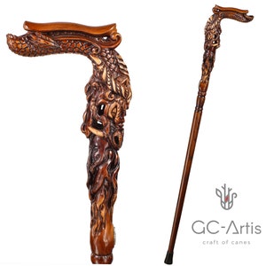 Fantasy Dragon CANE Dark Wooden Walking Stick - Hand Carved Wood Crafted Walking cane stick Handle Unique Designer Art for men woman