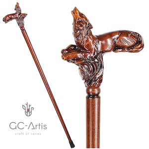 Wooden Cane Walking Stick Howling Wolf - Animal Wood Carved Walking Cane handle, best gift for man woman old elderly people