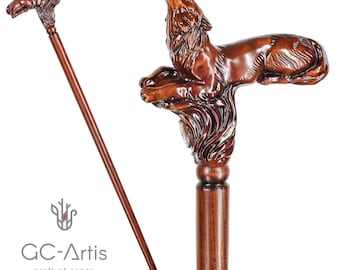 Wooden Cane Walking Stick Howling Wolf - Animal Wood Carved Walking Cane handle, best gift for man woman old elderly people