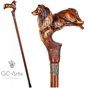 Wooden Walking Cane Stick Collie - wood carved Scotland shepherd sheep dog cane - best gift for men women ladies gentleman old elderly