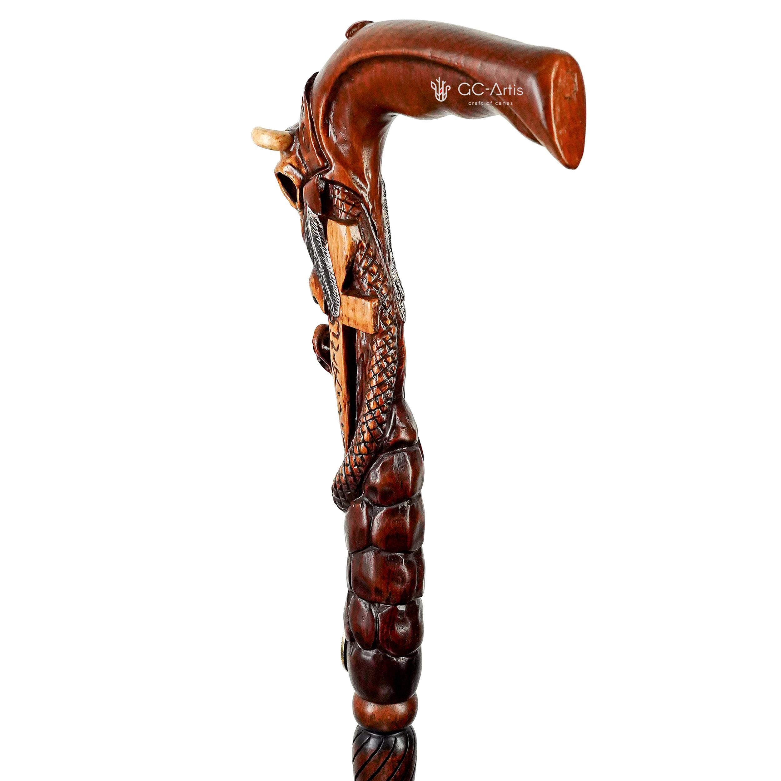 Mens Hand Carved Oak Walking Cane: Buffalo Skull & Snake Handle