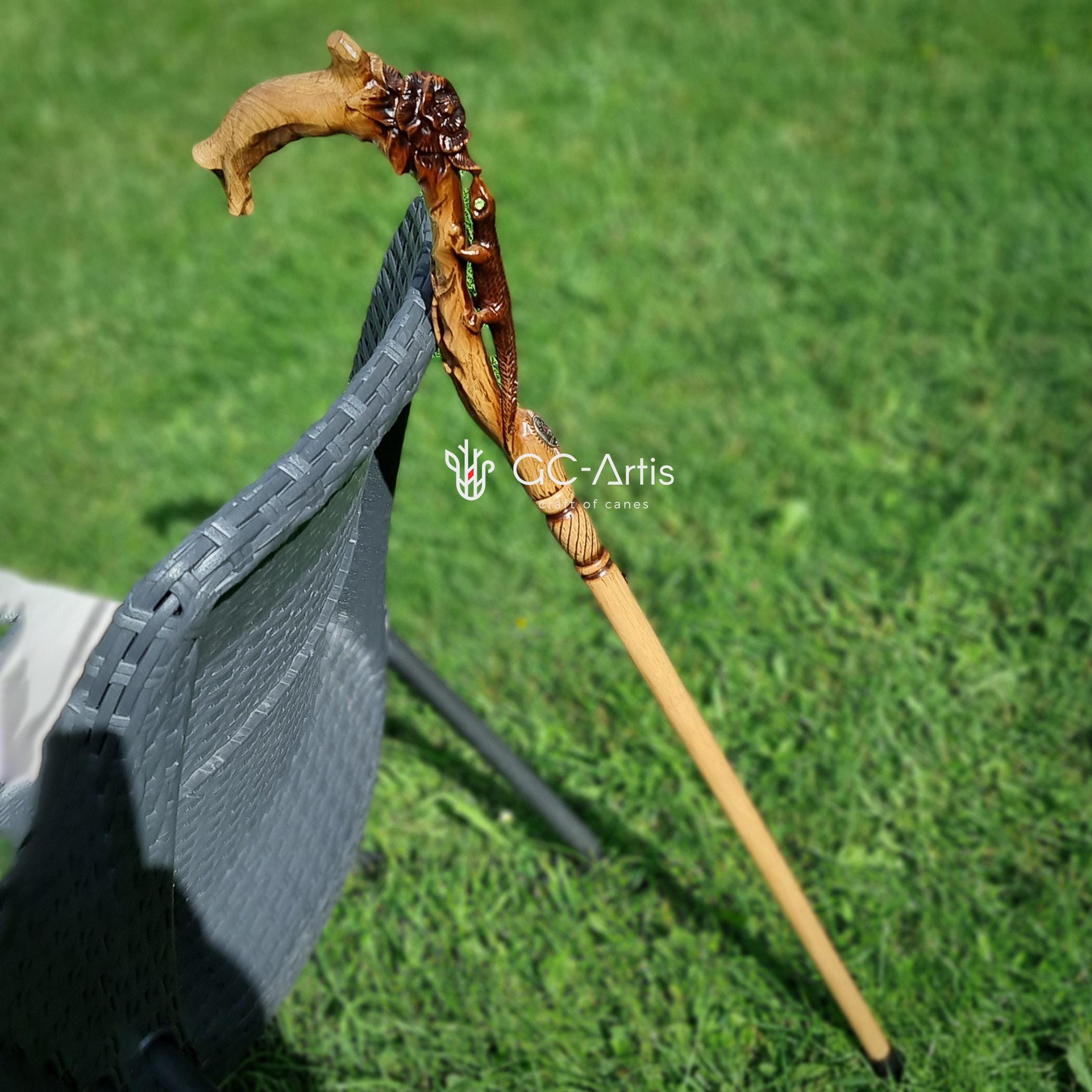 Hand Carved Lizard & Flower Wooden Walking Cane - Designer Art