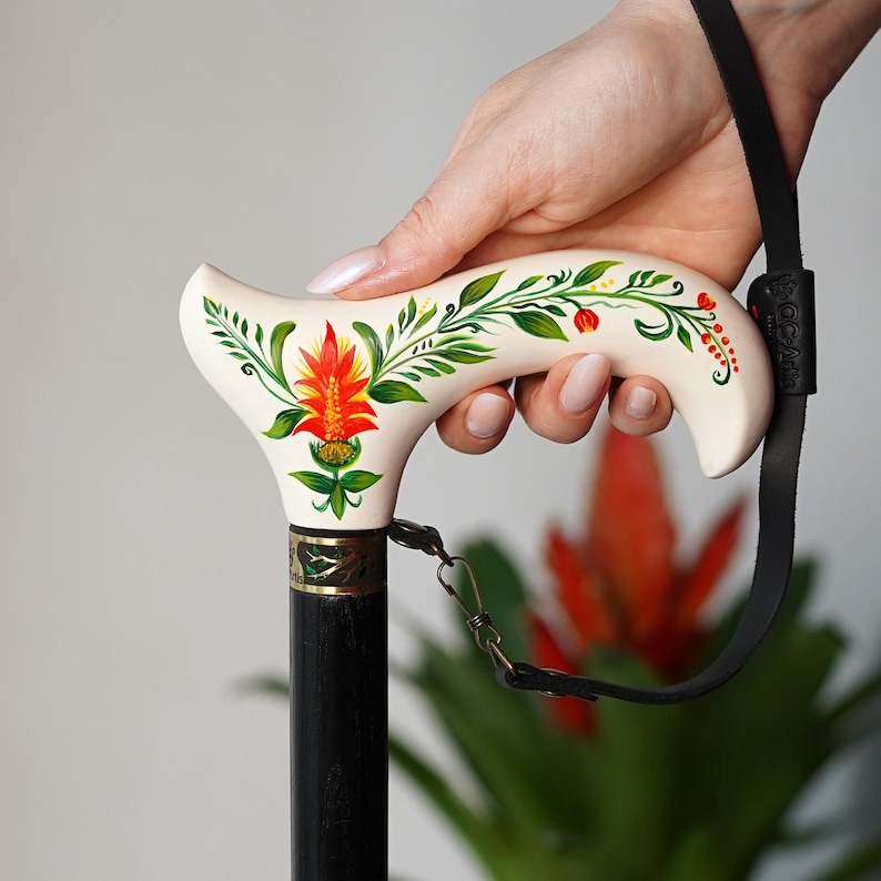 Bastón pintado a mano - Bastón de madera blanca - Flor de Aechmea con mango clásico estilo Derby imagen 4