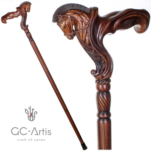 Ergonomic Wooden Walking Stick Cane - Pegasus, Hand Carved cane with Hose Head, Stylish Comfortable walking cane for men women