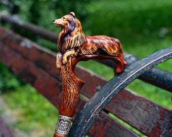 Wooden Walking Stick Cane Collie Dog: hand carved Scotland shepherd Sheltie