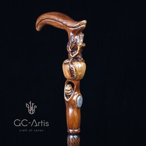 Wood carved walking stick cane Paradise Apple Tree - handle hand carved wood crafted artisan walking cane for men women