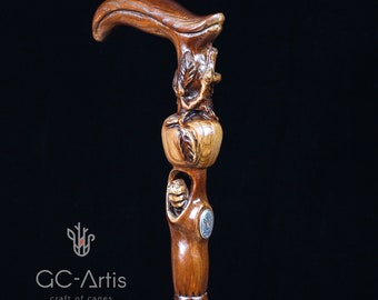 Bastón de madera tallada Paradise Apple Tree - Mango de madera tallada a mano, bastón artesanal para hombres y mujeres