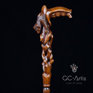 Awakening Bear Wooden Cane Walking Stick - wood crafted Hiking Staff, hand carved walking cane for man woman all ages people