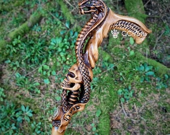 Hand Carved Cobra Snake & Skull Walking Cane - Goth Style Wooden Hiking Staff