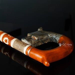 Wood Carved Walking Stick - Wolf, Unique hand crafted Cane with comfortable handle 36''