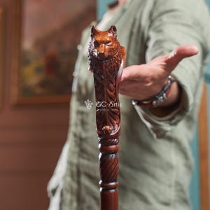 Wolf Cane wooden walking stick - ergonomic palm grip handle, wood carved walking cane for men women, comfortable accessory best gift idea