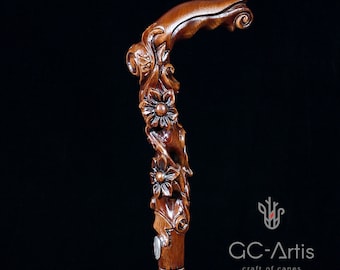 Hand Carved Flowers Wooden Walking Stick Cane - Elegant Ladies Fashion Accessory