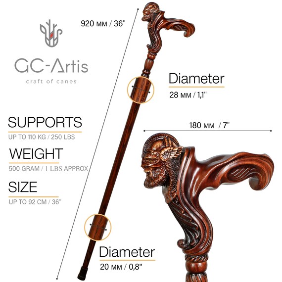 Wolf Cane Wooden Walking Stick Ergonomic Palm Grip Handle, Wood Carved  Walking Cane for Men Women, Comfortable Accessory Best Gift Idea 