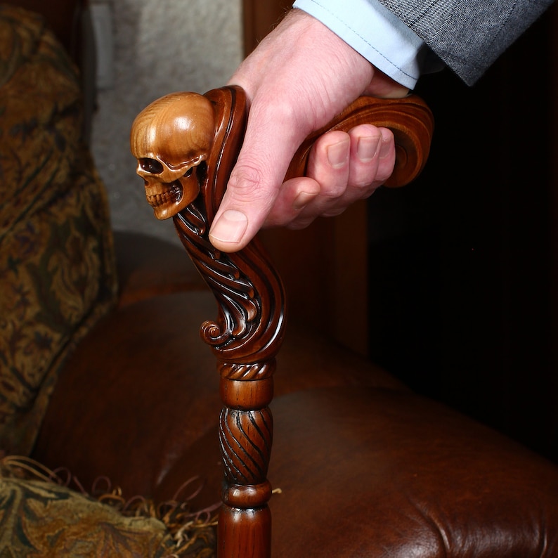 Skull Cane Wooden Walking Stick Ergonomic Palm Grip Handle Etsy