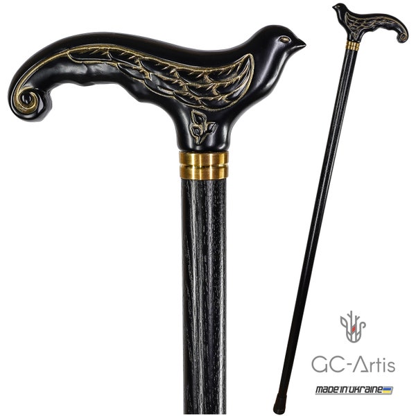 Black Swallow Bird Walking stick cane - Pretty Wooden cane for women, lady hand carved wood crafted comfortable handle & elegant shaft