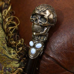 Skull Walking Stick: Bronze Metal Cane with Gems, Handmade Goth Style