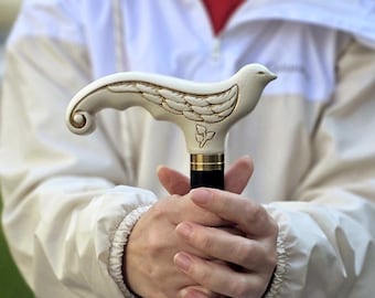 White Swallow Bird Walking stick - Elegant Wooden cane for women, hand carved wood crafted handle & black shaft - pretty ladies