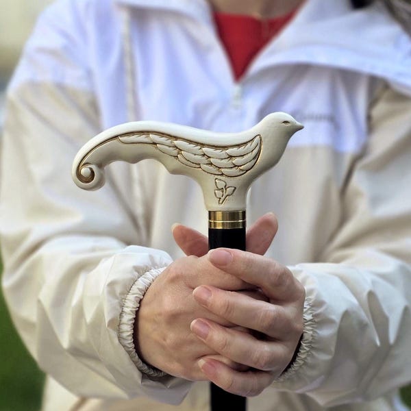 White Swallow Bird Walking stick - Elegant Wooden cane for women, hand carved wood crafted handle & black shaft - pretty ladies