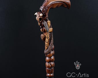 Mens Hand Carved Oak Walking Cane: Buffalo Skull & Snake Handle – GC-ARTIS Wood Art