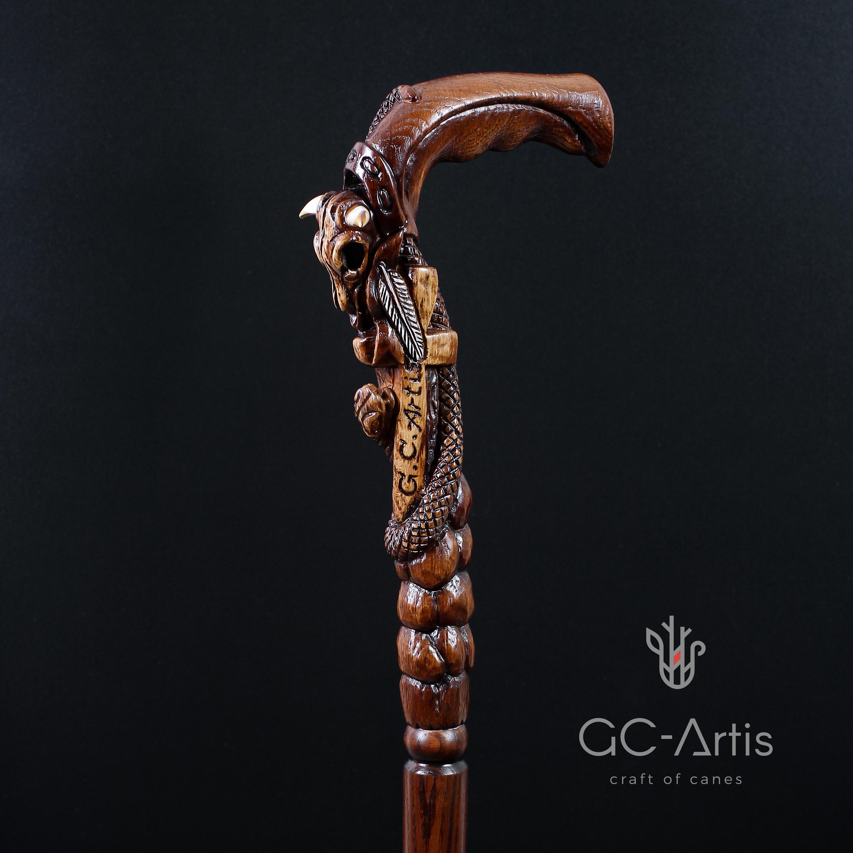 Mens Hand Carved Oak Walking Cane: Buffalo Skull & Snake Handle