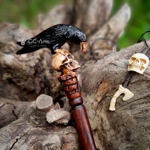 BLACK CROW & SKULL Cane Walking Stick Goth Style Wooden walking cane with hand carved handle Wood crafted handmade cane for men