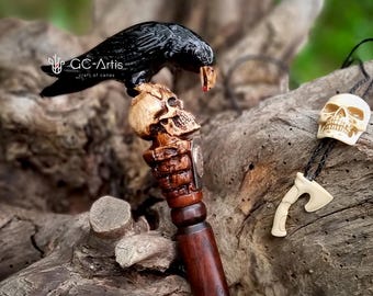 BLACK CROW & SKULL Cane Walking Stick Goth Style Wooden walking cane with hand carved handle Wood crafted handmade cane for men